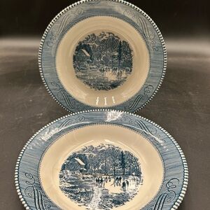 Currier & Ives Early winter Blue and White Scenic soup Bowls